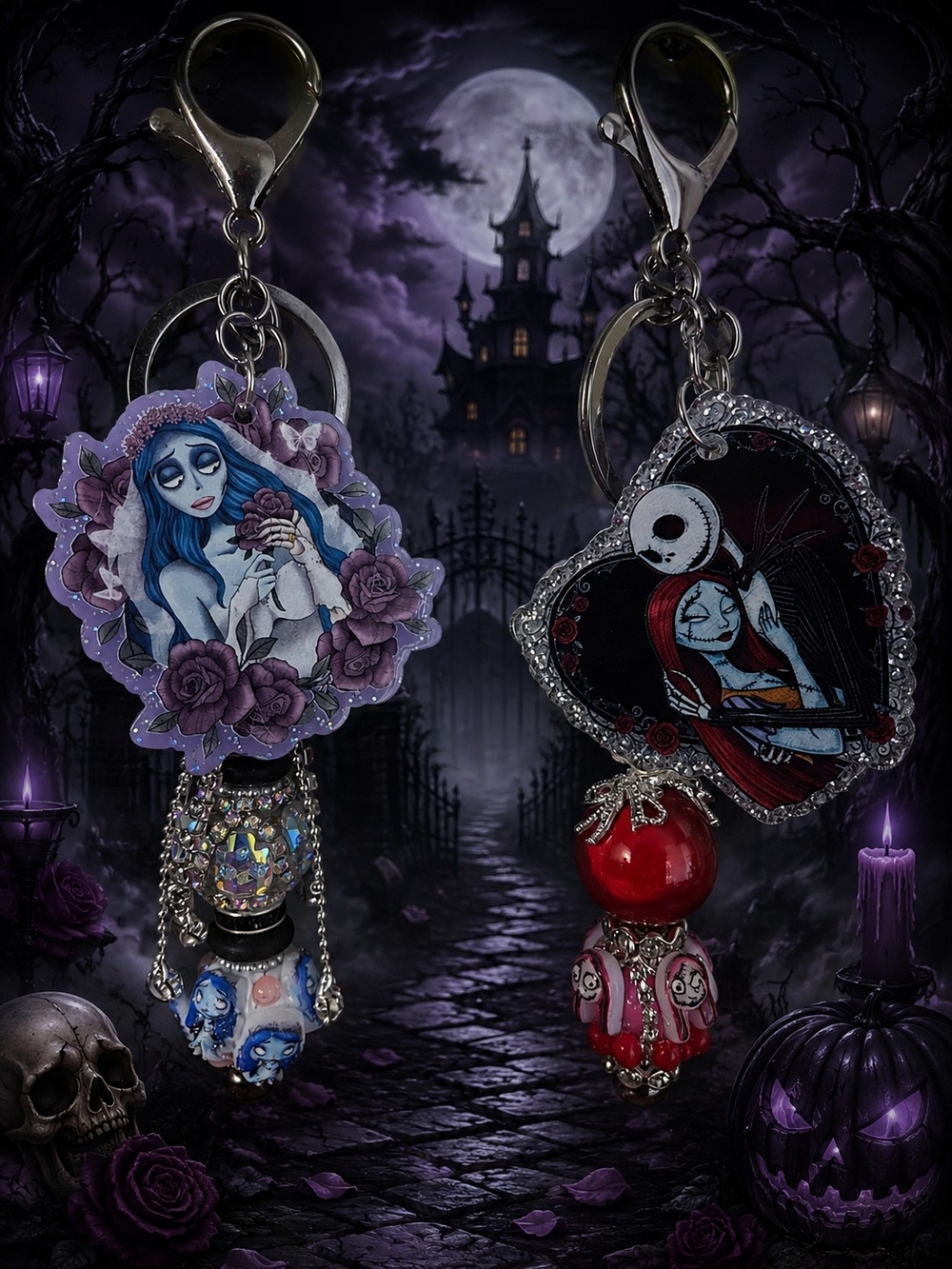 Handcrafted Gothic Keychain Set - Purple & Red